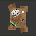 Wooden Table And Stools Set With Green Bag Clear Cups And Purple Water Bottle