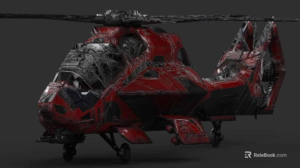 Red and Black Military Helicopter with Unique Textured Futuristic Combat Design 3d model 
