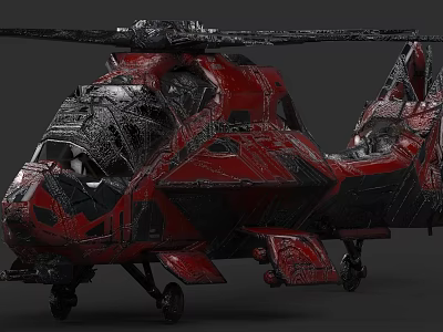 Red and Black Military Helicopter with Unique Textured Futuristic Combat Design 3d model