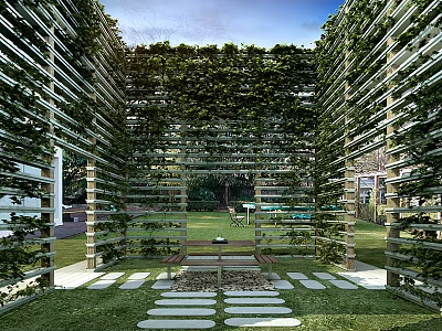 Vine Covered Wooden Lattice Outdoor Garden With Stone Pathway And Grass Lawn 3d model