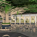 Natural Wooden Restaurant Interior With Hanging Lanterns Greenery Bar Counter And Tables