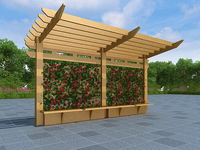 Wooden Pergola With Flowering Greenery Wall In Garden Setting On Grey Tiles 3d model