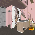 Pink Mall Pet Shop Interior With Cats Pet Bowls Staircase Plants And Decorative Painting