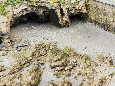 Rocky Coastal Terrain Featuring Cave Moss Covered Stone Walls Sandy Ground And Pebbles 3d model