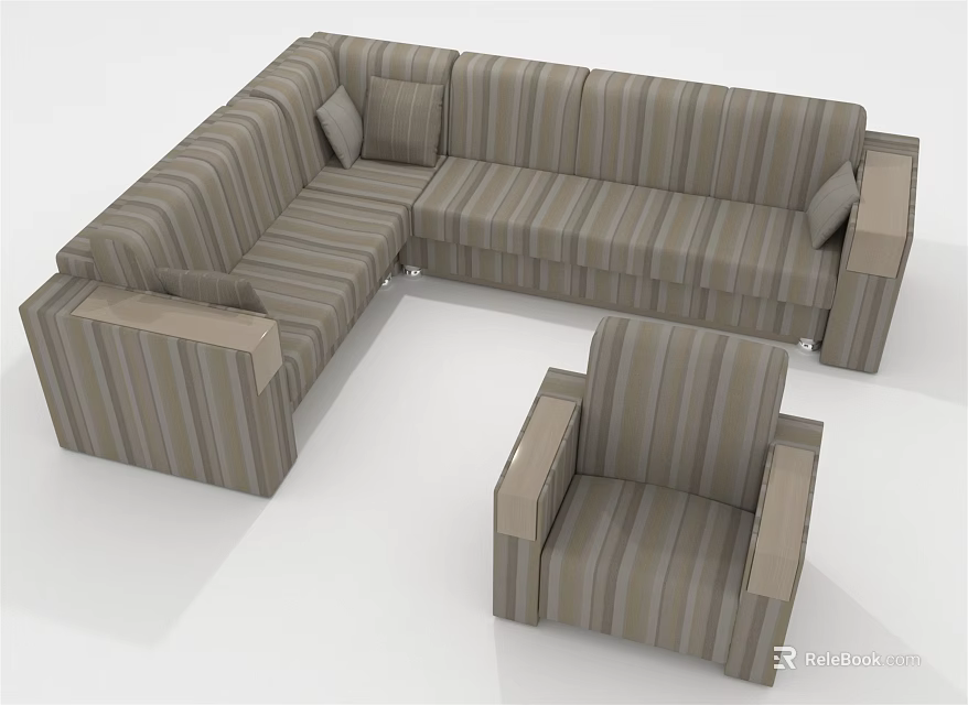 Modern L Shaped Sectional Sofa Set With Striped Pattern And Matching Armchair 3d model 