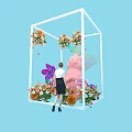 Floral Art Installation With White Cube Frame Pink Bear And Colorful Flowers For Woman Admiring