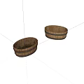 Two Oval Shaped Wooden Barrels With Striped Details On White Background