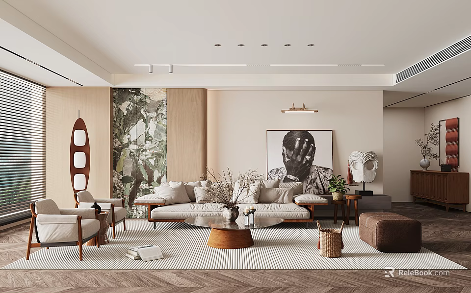 Modern Living Room Interior With Beige Sofa Large Artwork And Patterned Rug 3d model