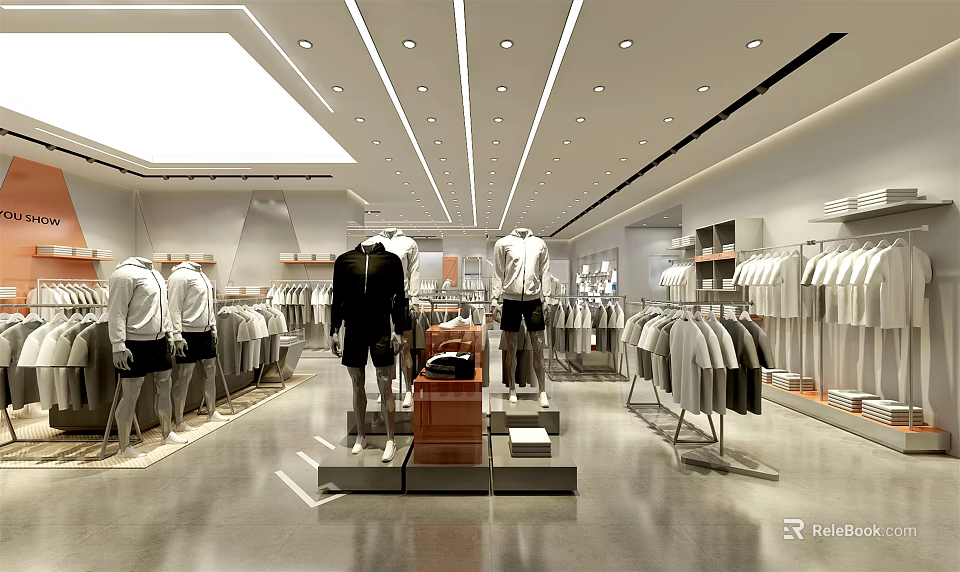 Fashion Clothing Store Interior With Mannequins Clothing Racks And Bright Lighting 3d model 