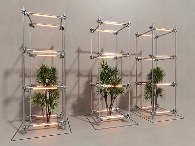Modern Floral Installation with Metal Frames Illuminated Lighting and Green Plants 3d model