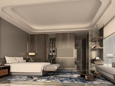 Modern Bedroom Interior Design With Large Bed Wooden Elements And Area Rug 3d model