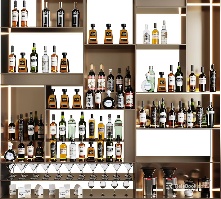 Wide Range Of Wine Bottles And Glasses On Wall Shelves 3d model 