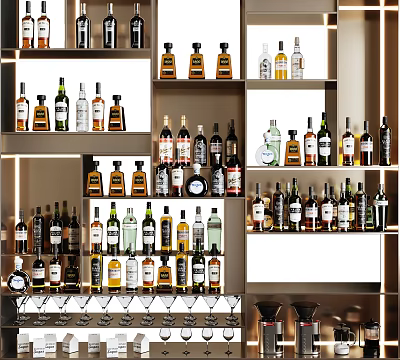 Wide Range Of Wine Bottles And Glasses On Wall Shelves 3d model