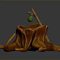Decorative Tree Stump Ornament With Growth Rings And Green Bottle