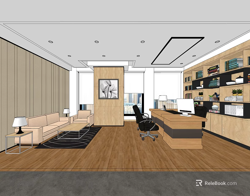 Modern Conference Room Interior With Sofa Desk Bookshelf Carpet Window And Decorative Painting 3d model 