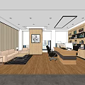 Modern Conference Room Interior With Sofa Desk Bookshelf Carpet Window And Decorative Painting