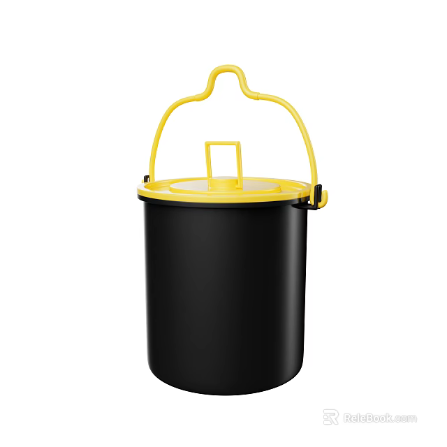 Black Practical Household Storage Bucket With Yellow Handle And Lid Design 3d model 