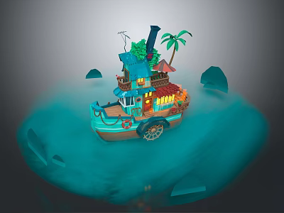 Cartoon Scene Of Floating Boat House On Water With Palm Tree Green Roof Wooden Wheels 3d model