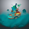 Cartoon Scene Of Floating Boat House On Water With Palm Tree Green Roof Wooden Wheels