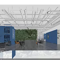 Modern Lounge Area With Green Living Wall Blue Wall White Typography Sofas And Coffee Tables