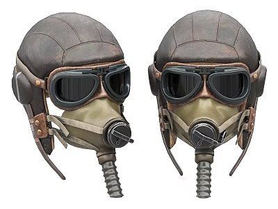 Pair Of Vintage Aviator Leather Helmets With Goggles And Breathing Tubes 3d model