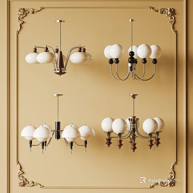 Modern Chandeliers With White Spherical Lampshades And Decorative Metal Frame Designs 3d model 