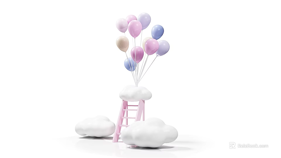 Pastel Colored Inflatable Balloons And Clouds With Pink Ladder Decoration 3d model 