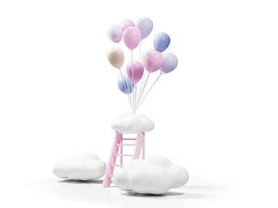 Pastel Colored Inflatable Balloons And Clouds With Pink Ladder Decoration 3d model