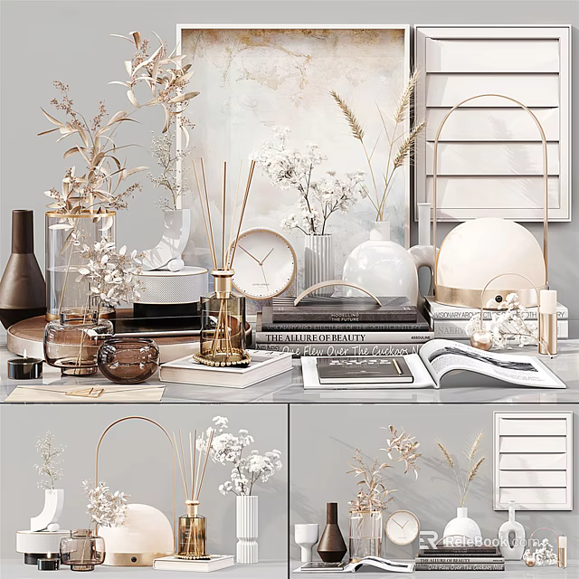 Modern Neutral Color Decorative Ornament Set With Glass Vases Reed Diffusers Clock And Dried Flowers 3d model 