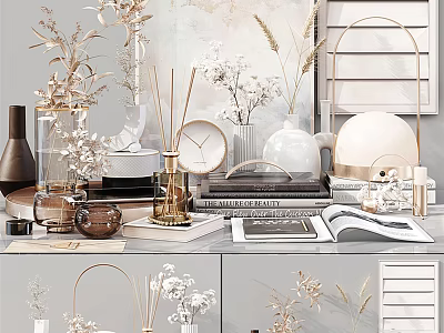 Modern Neutral Color Decorative Ornament Set With Glass Vases Reed Diffusers Clock And Dried Flowers 3d model