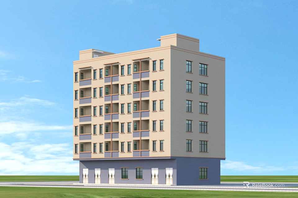 Light Exterior Multi Story Residential Building With Balconies Dark Base And Green Lawn 3d model 