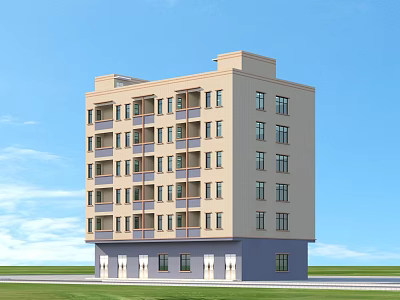 Light Exterior Multi Story Residential Building With Balconies Dark Base And Green Lawn 3d model