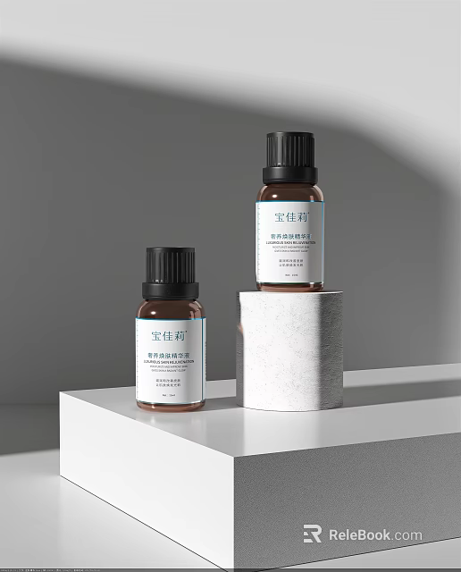 Perfume Cosmetics Bottles With Dark Caps On White Display Stand And Cube Base 3d model