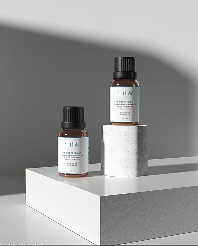 Perfume Cosmetics Bottles With Dark Caps On White Display Stand And Cube Base 3d model