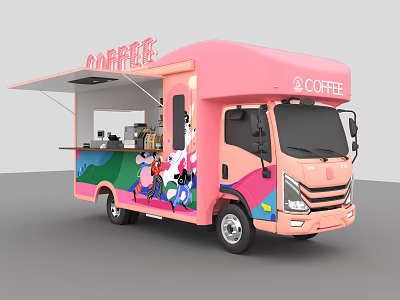 Pink Coffee Truck With Cartoon Patterns Awning And Serving Window Appliances 3d model