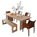 Rectangular Dining Table Set With Leather Chairs Wooden Bench Fruit Plate And Decorative Vase 3d model