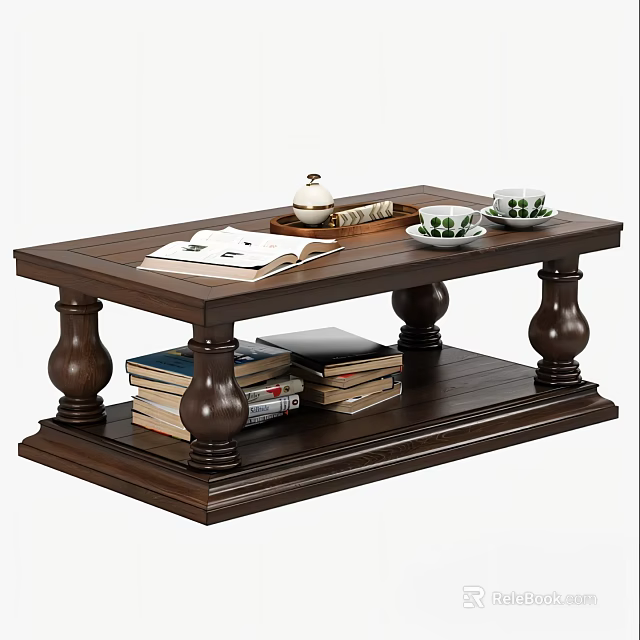 Classic Dark Wooden Coffee Table With Open Book Teapot Teacups And Stacks Of Books 3d model 