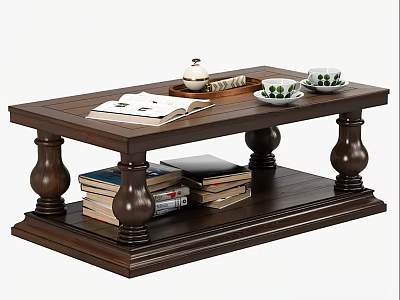 Classic Dark Wooden Coffee Table With Open Book Teapot Teacups And Stacks Of Books 3d model