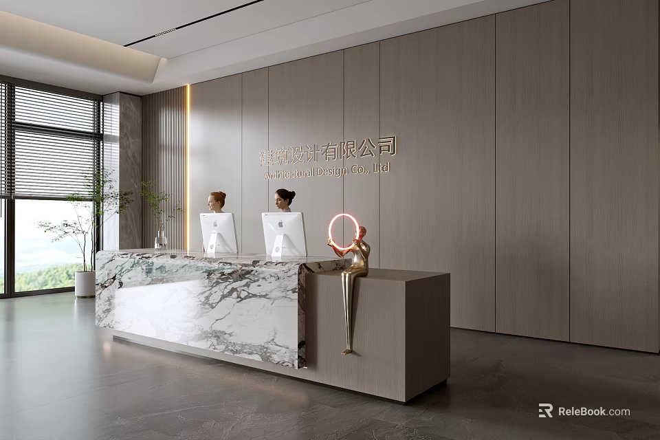 Modern Front Desk Reception Area With Marble Countertop Wooden Wall Staff Working 3d model 