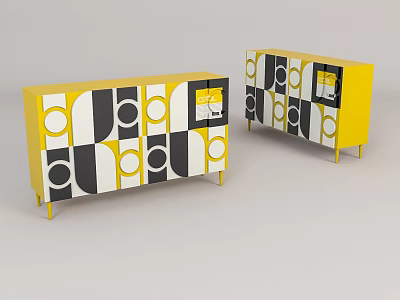 Modern Entryway Side Cabinet With Yellow Frame Black White Geometric Patterns Storage Doors Metal Legs 3d model