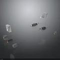 Various Shapes Sizes Gray White Orange Electronic Equipment on Dark Background with Connecting Cables