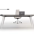 Modern Office Desk With Metal Frame Laptop And White Office Chair Wooden Bookcase