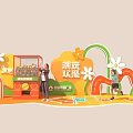 Children Playing In Trendy Play Area With Golden Egg Claw Machine And Flower Decorations