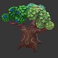 Cartoon Tree Scene With Green Leaves Purple Flowers Patterned Trunk And Decorative Base