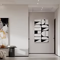 Elegant Modern Living Dining Area With Gray Sofa Round Chandelier Abstract Artwork and Potted Plant