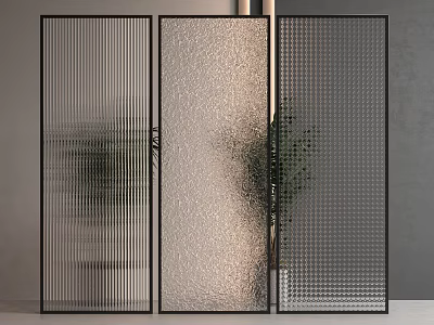 Modern Glass Partition With Striped Frosted and Grid Textured Panels Black Frame in Contemporary Interior 3d model
