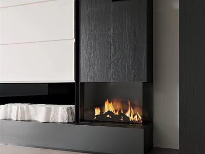 Modern Fireplace With Black Textured Surface And Burning Flames In Sleek Interior 3d model