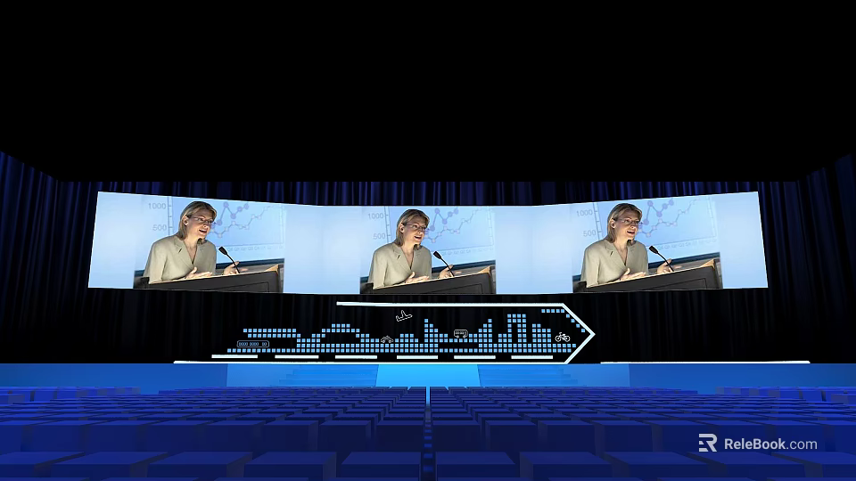 Speaker Presenting At Podium With Multiple Screens And Blue Audience Seats 3d model 