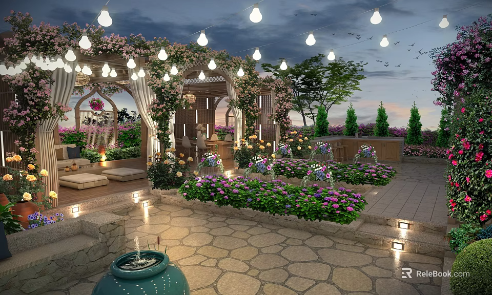 Stunning Courtyard Garden Featuring Pergola String Lights Colorful Flowers And Stone Paved Area 3d model 