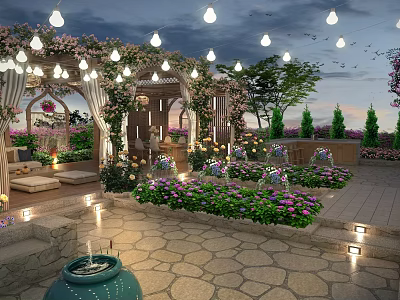 Stunning Courtyard Garden Featuring Pergola String Lights Colorful Flowers And Stone Paved Area 3d model